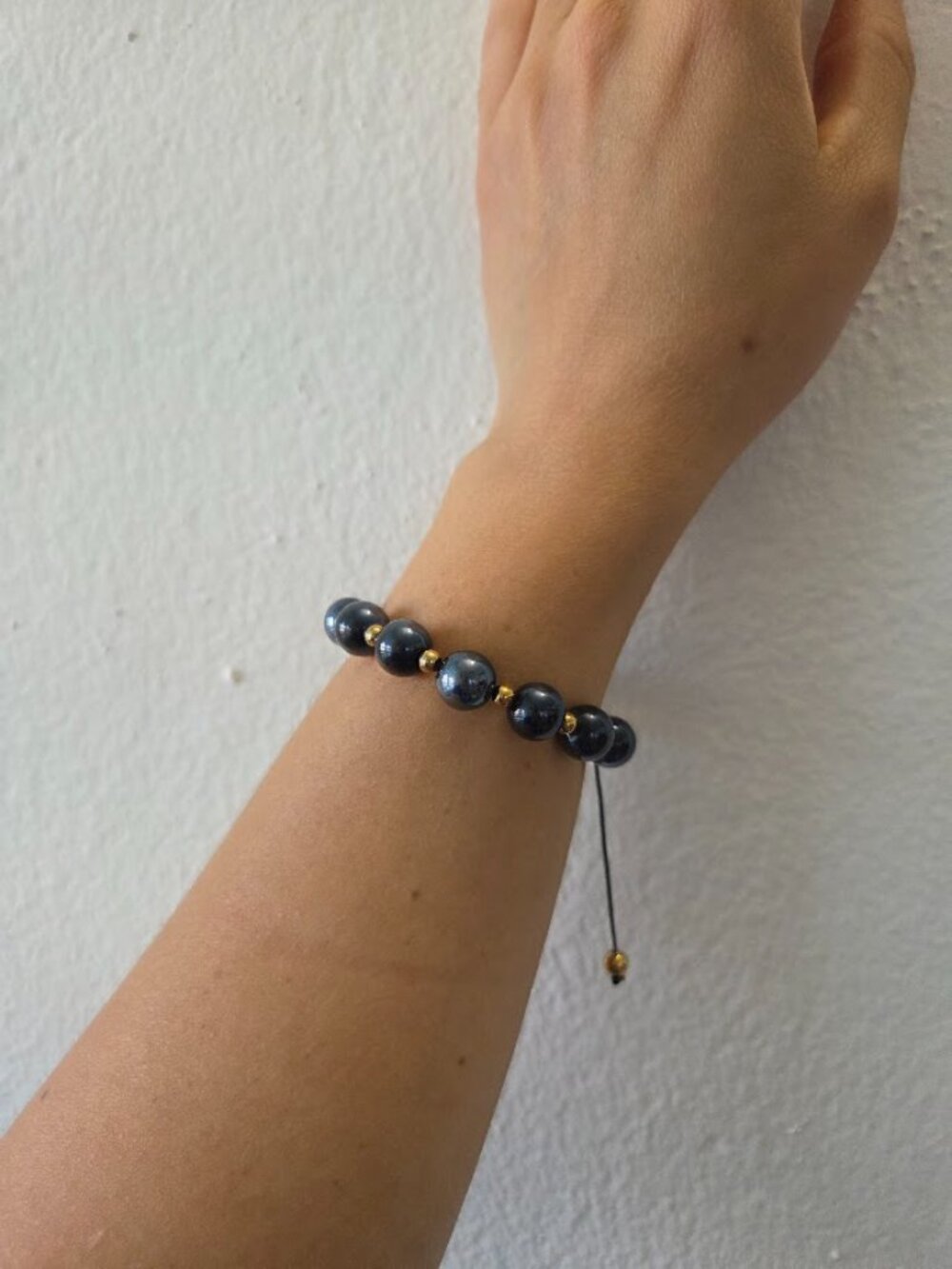 Unisex Dark Metallic Gray Bead Adjustable Macrame Bracelet Gold Accents - Picture 3 of 11